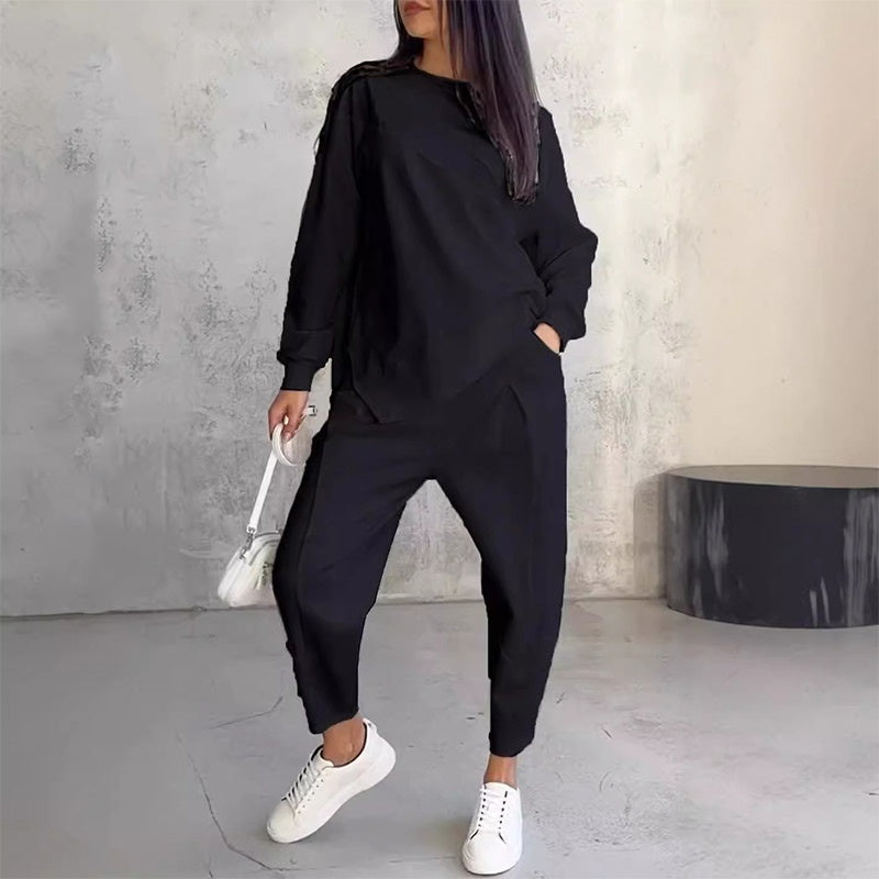 Maria- Conjunto de sudadera de manga larga con bajo irregular y pantalones para mujer