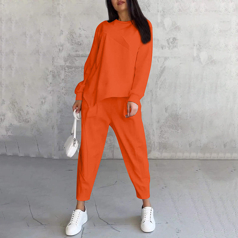 Maria- Conjunto de sudadera de manga larga con bajo irregular y pantalones para mujer