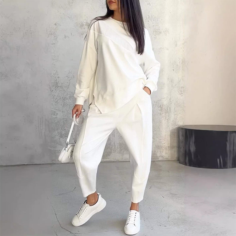 Maria- Conjunto de sudadera de manga larga con bajo irregular y pantalones para mujer