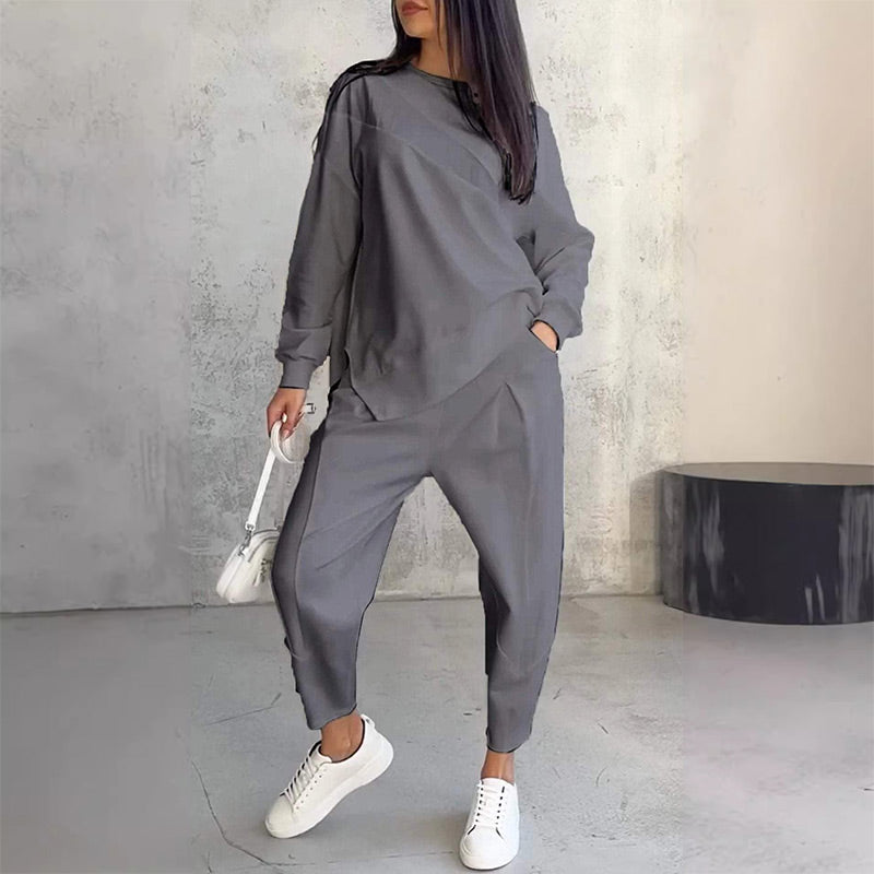Maria- Conjunto de sudadera de manga larga con bajo irregular y pantalones para mujer
