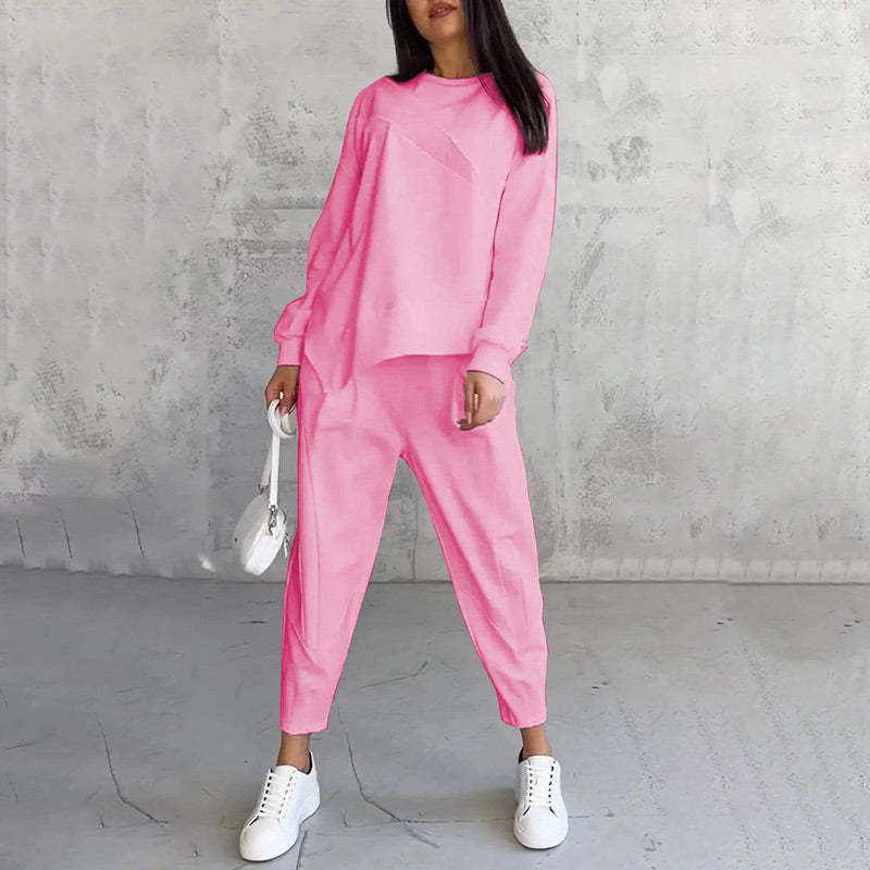 Maria- Conjunto de sudadera de manga larga con bajo irregular y pantalones para mujer