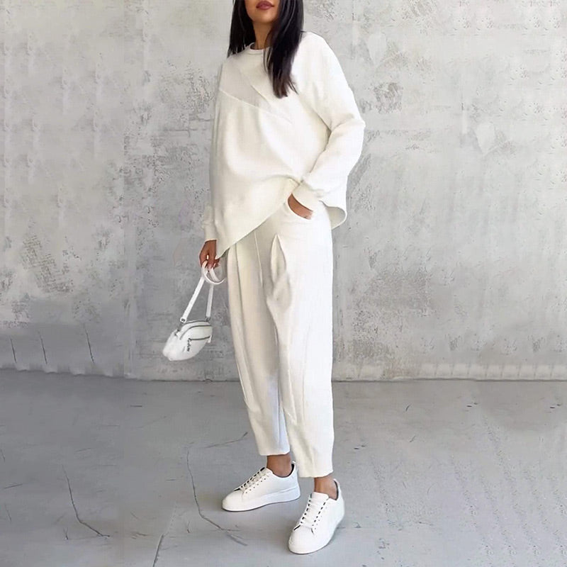 Maria- Conjunto de sudadera de manga larga con bajo irregular y pantalones para mujer