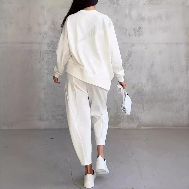Maria- Conjunto de sudadera de manga larga con bajo irregular y pantalones para mujer