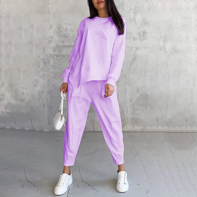 Maria- Conjunto de sudadera de manga larga con bajo irregular y pantalones para mujer