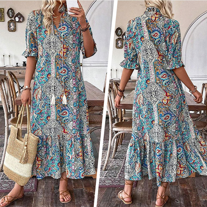 Vestido boho para mujer con estampado floral y escote en V