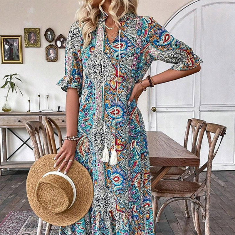Vestido boho para mujer con estampado floral y escote en V