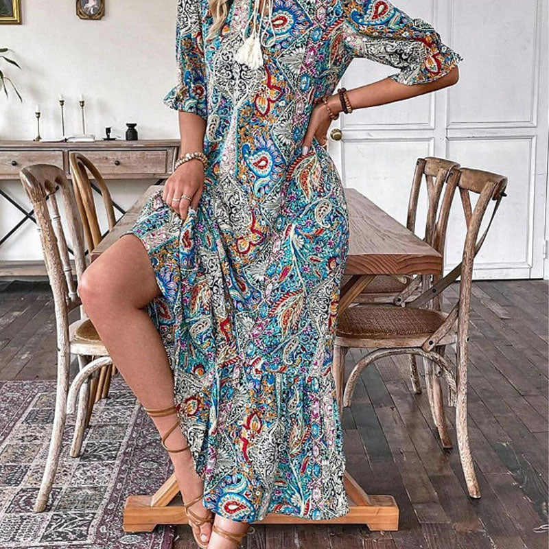 Vestido boho para mujer con estampado floral y escote en V