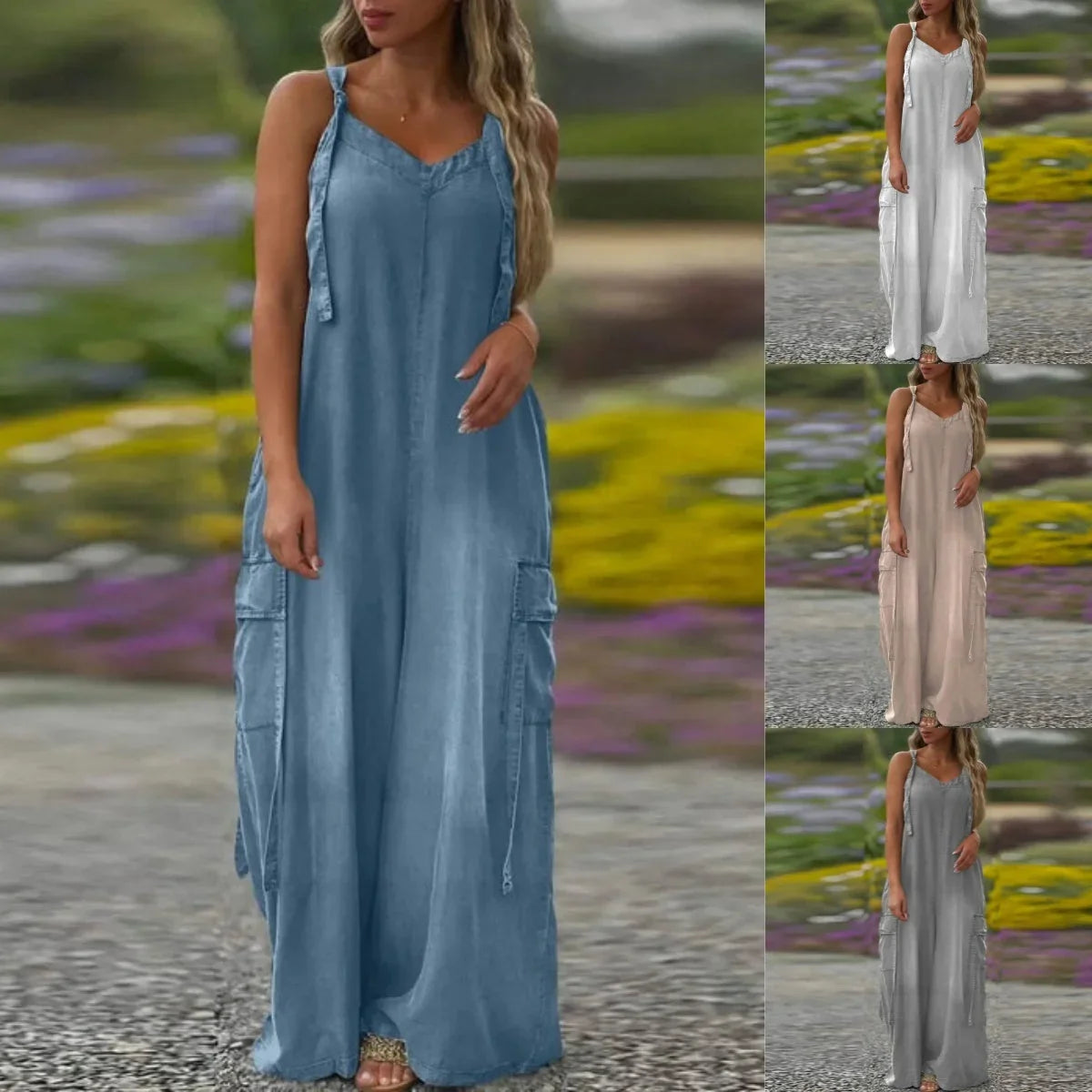 Vestido largo para mujer con tirantes ajustables y bolsillos laterales