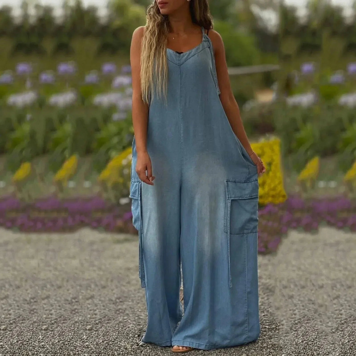 Vestido largo para mujer con tirantes ajustables y bolsillos laterales