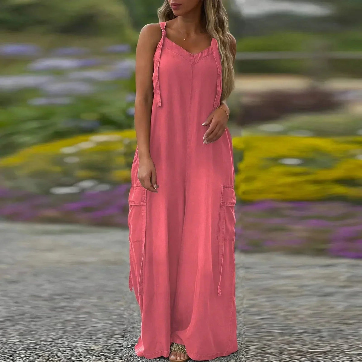 Vestido largo para mujer con tirantes ajustables y bolsillos laterales