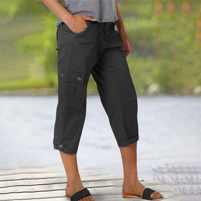 Pantalones capri cargo para mujer con múltiples bolsillos