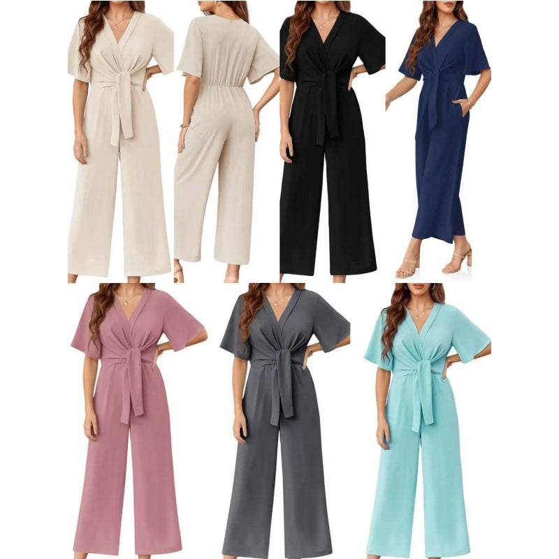 Mono mujer elegante con escote cruzado y pantalón de pierna ancha