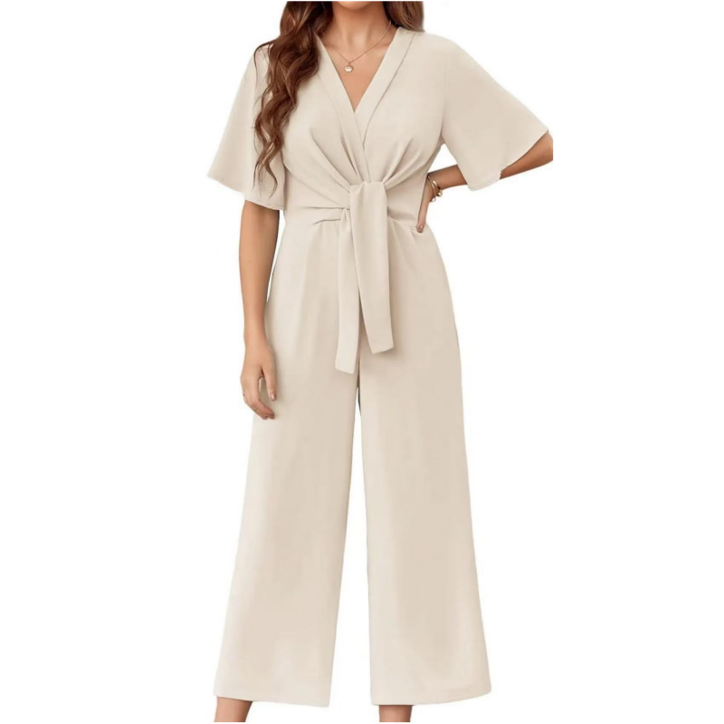 Mono mujer elegante con escote cruzado y pantalón de pierna ancha