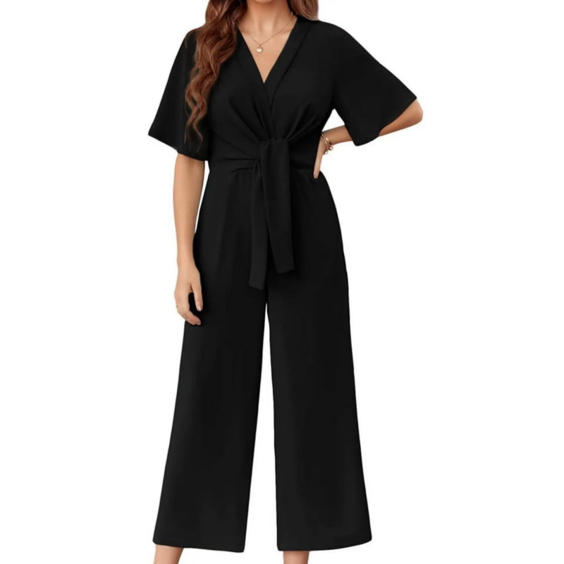 Mono mujer elegante con escote cruzado y pantalón de pierna ancha