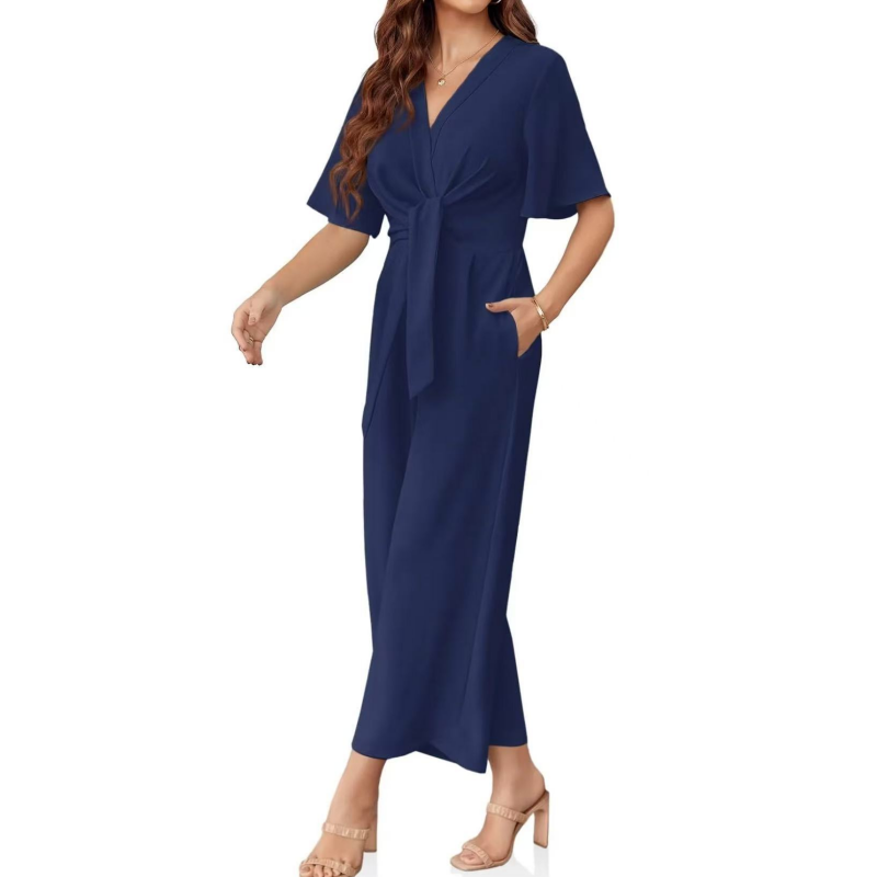 Mono mujer elegante con escote cruzado y pantalón de pierna ancha