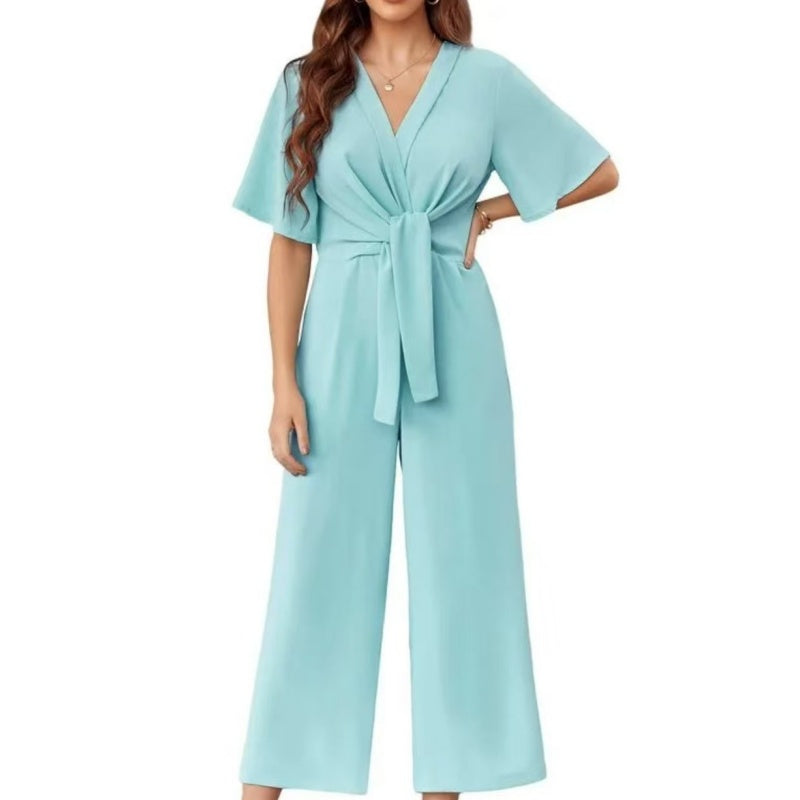 Mono mujer elegante con escote cruzado y pantalón de pierna ancha