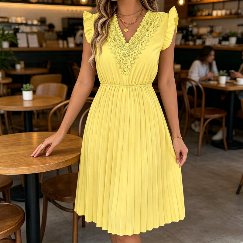 Vestido midi poliéster plisado con encaje para ocasión elegante