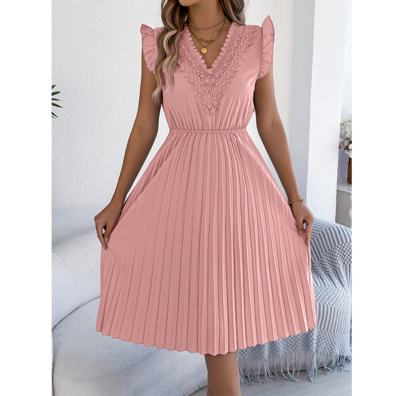 Vestido midi poliéster plisado con encaje para ocasión elegante