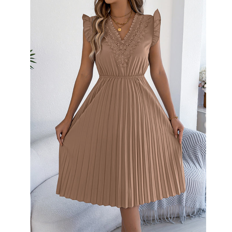 Vestido midi poliéster plisado con encaje para ocasión elegante