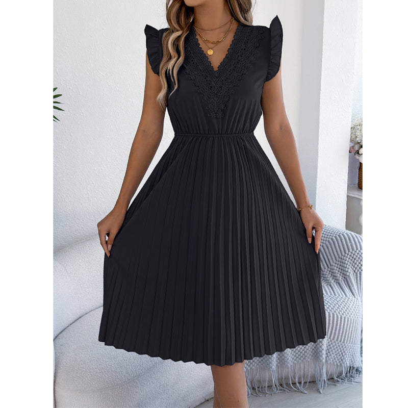 Vestido midi poliéster plisado con encaje para ocasión elegante