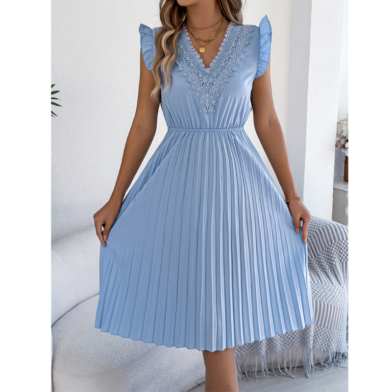 Vestido midi poliéster plisado con encaje para ocasión elegante
