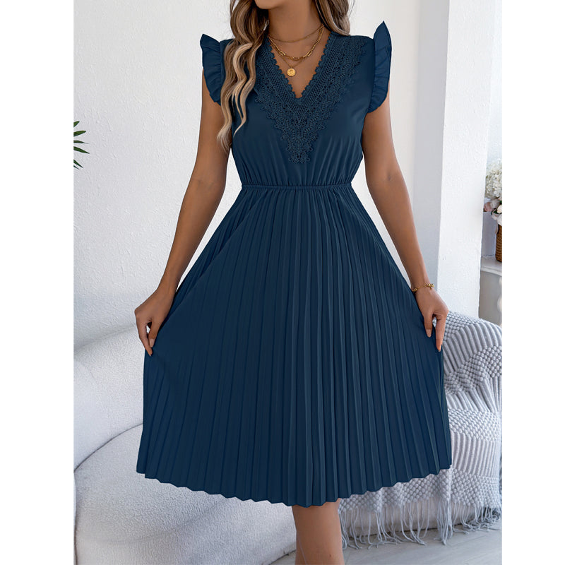 Vestido midi poliéster plisado con encaje para ocasión elegante