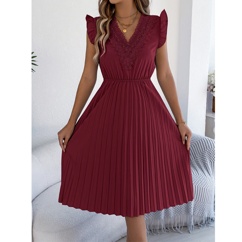 Vestido midi poliéster plisado con encaje para ocasión elegante