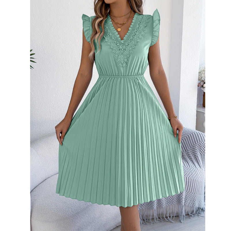 Vestido midi poliéster plisado con encaje para ocasión elegante