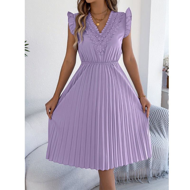 Vestido midi poliéster plisado con encaje para ocasión elegante