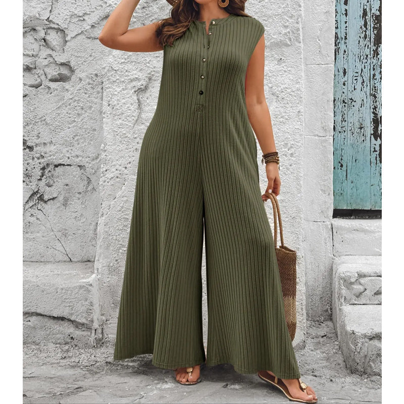Mono mujer sin mangas con piernas anchas y botones decorativos