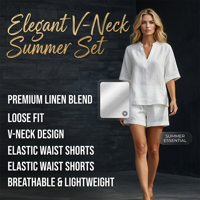 Conjunto mujer verano elegante con blusa cuello V y shorts