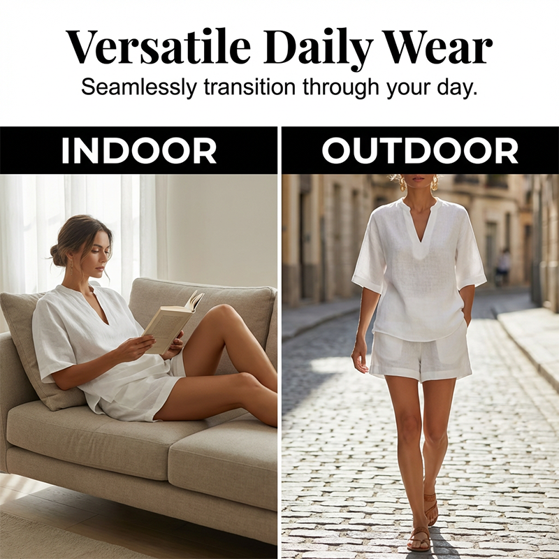 Conjunto mujer verano elegante con blusa cuello V y shorts