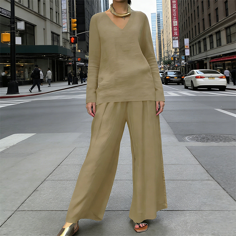 Conjunto mujer fluido con escote en V y pantalón ancho elegante