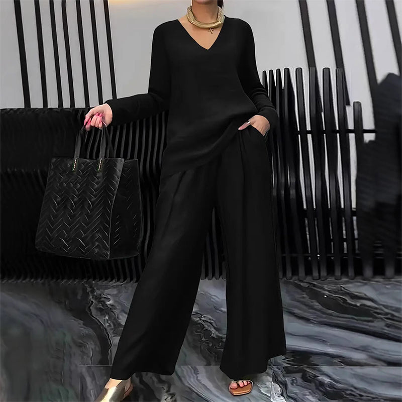 Conjunto mujer fluido con escote en V y pantalón ancho elegante
