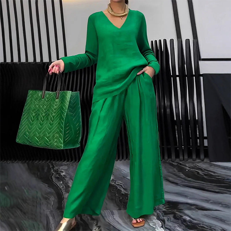 Conjunto mujer fluido con escote en V y pantalón ancho elegante