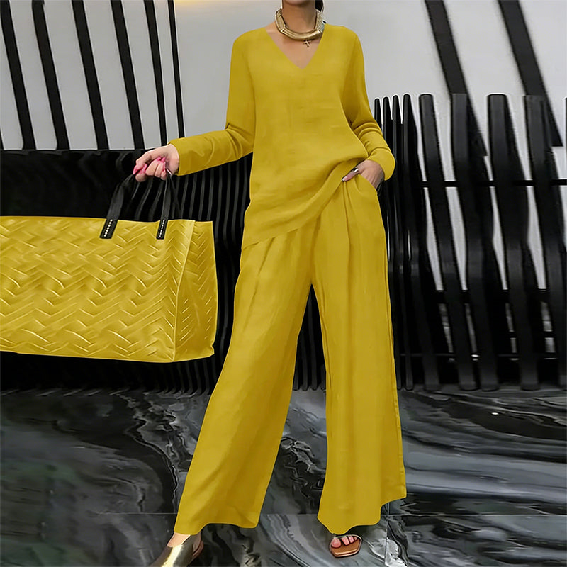 Conjunto mujer fluido con escote en V y pantalón ancho elegante