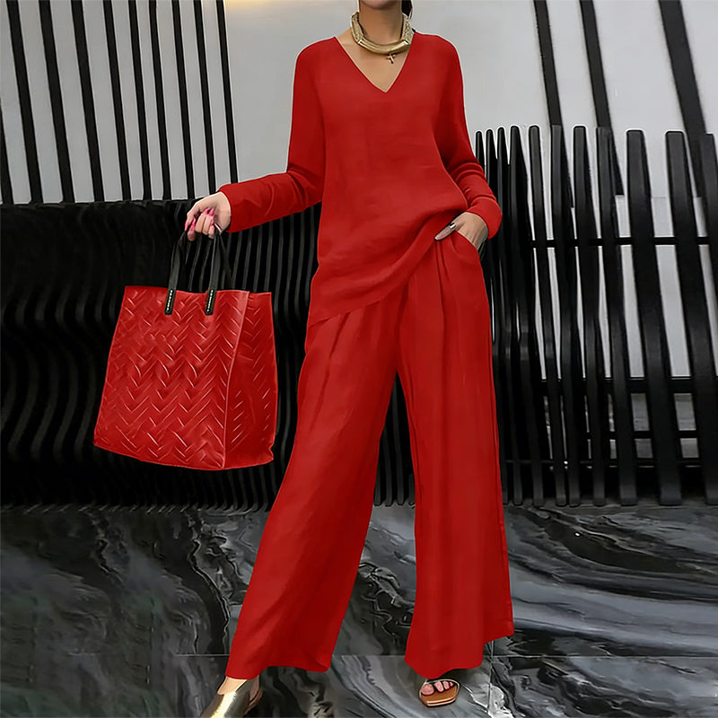 Conjunto mujer fluido con escote en V y pantalón ancho elegante
