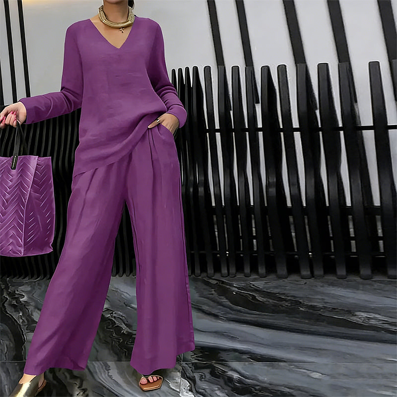 Conjunto mujer fluido con escote en V y pantalón ancho elegante