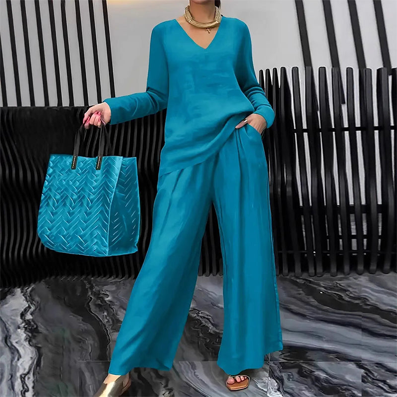 Conjunto mujer fluido con escote en V y pantalón ancho elegante