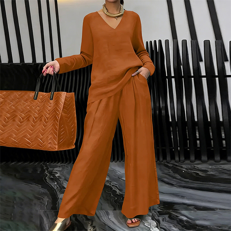 Conjunto mujer fluido con escote en V y pantalón ancho elegante