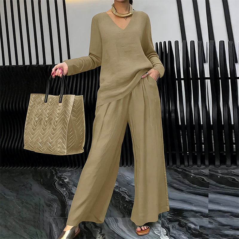 Conjunto mujer fluido con escote en V y pantalón ancho elegante