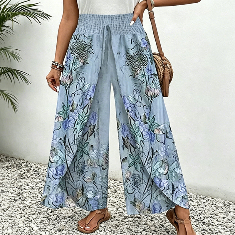 Pantalón mujer spandex floral con cintura fruncida verano