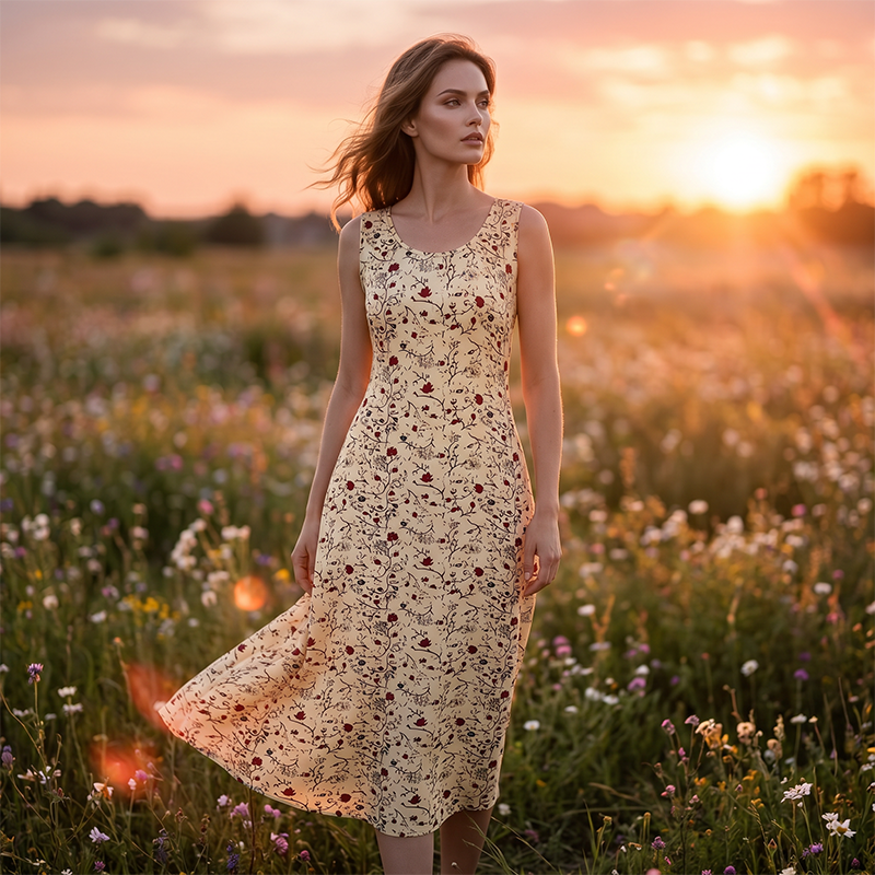 Vestido largo poliéster elastano floral sin mangas para diario