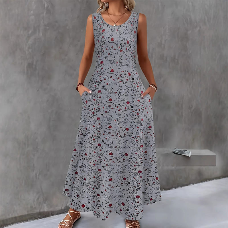 Vestido largo poliéster elastano floral sin mangas para diario