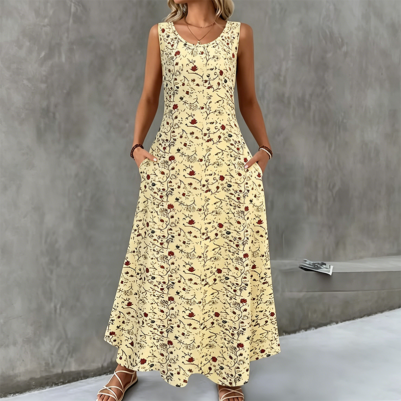 Vestido largo poliéster elastano floral sin mangas para diario
