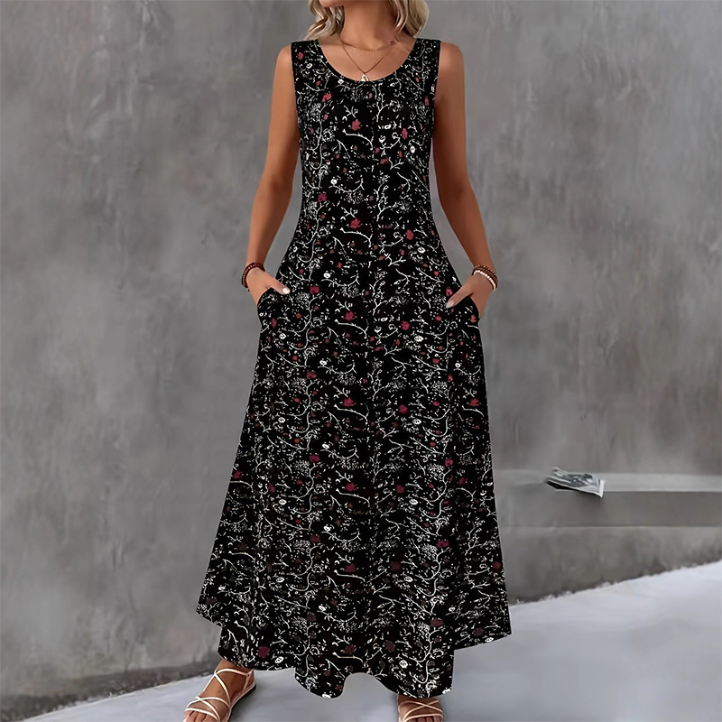 Vestido largo poliéster elastano floral sin mangas para diario