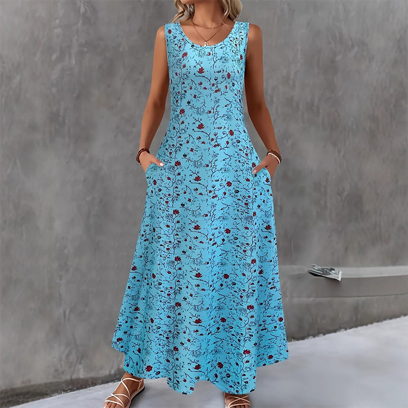 Vestido largo poliéster elastano floral sin mangas para diario