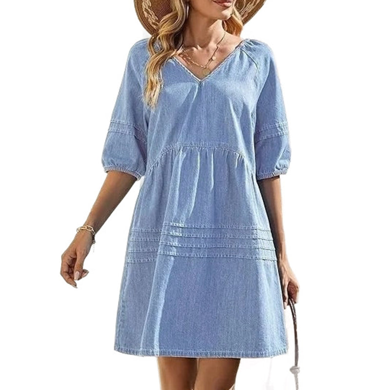 Vestido vaquero ligero para mujer con escote en V y corte fluido