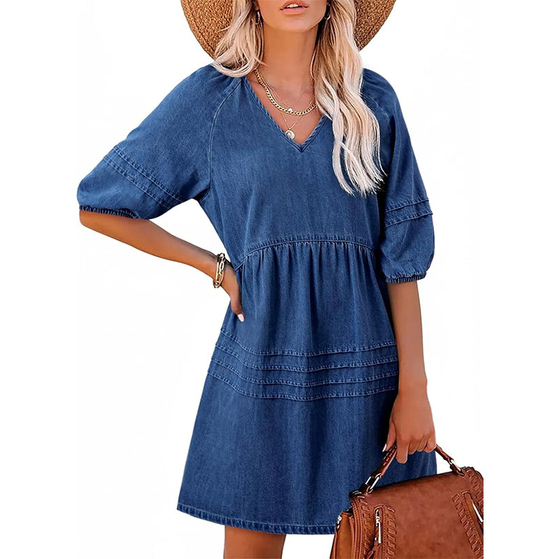 Vestido vaquero ligero para mujer con escote en V y corte fluido
