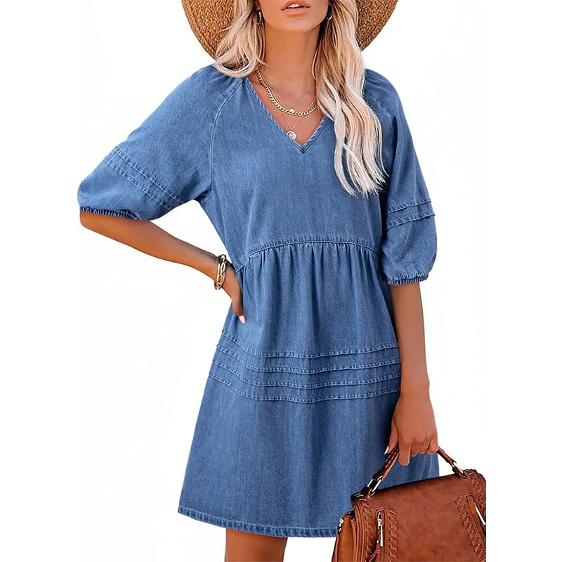 Vestido vaquero ligero para mujer con escote en V y corte fluido